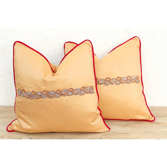 Traditional Pair of Gold Zardozi-Embroidered Silk Pillow Covers, Embroidered Band For Sale - Image 3 of 8