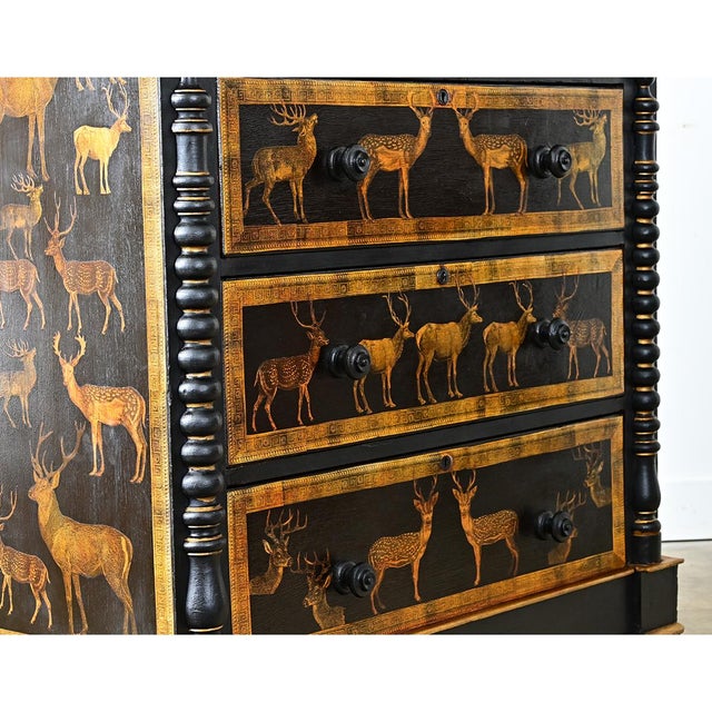 English Vintage Painted Chest with Deer Decoupage For Sale - Image 9 of 12