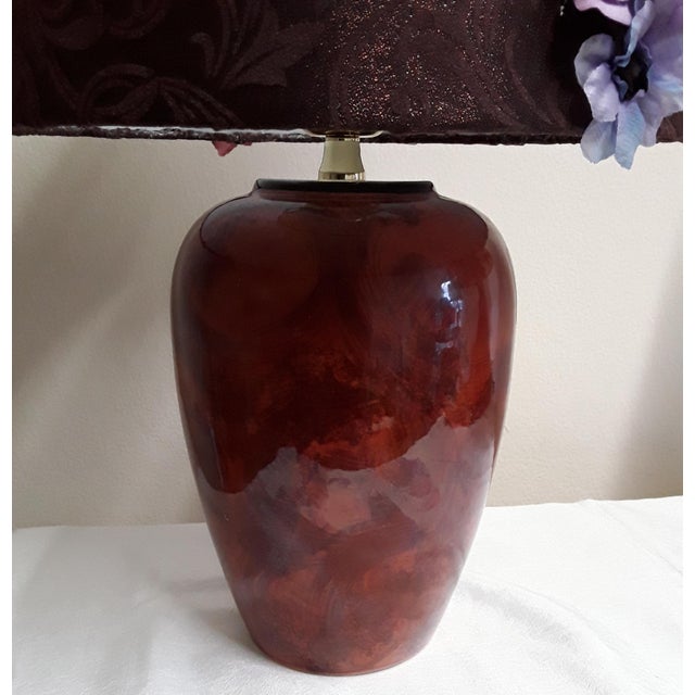 Vintage Table Lamp with Brown Patterned Ceramic Foot and Black-Brown Fabric Shade with Colored Flower Trim, 1980s For Sale - Image 4 of 10