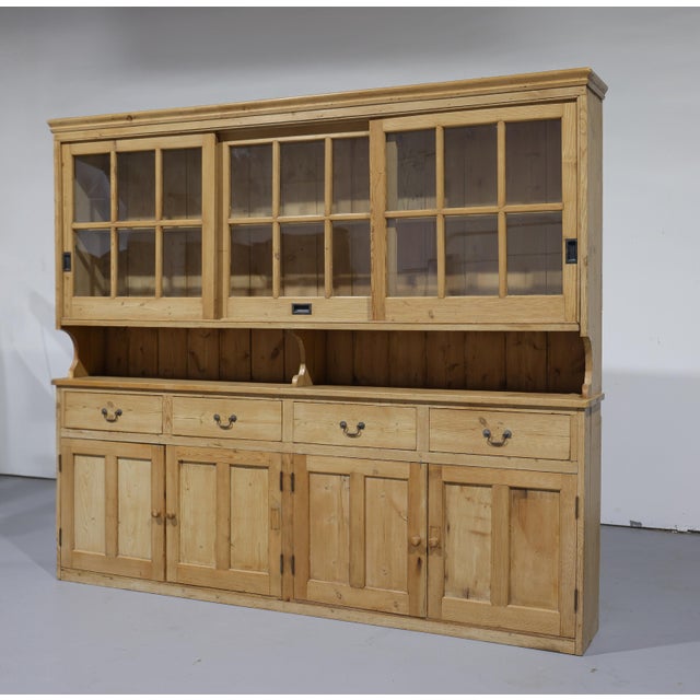 Beige Massive Antique Pine Glazed Dresser With Sliding Doors | Circa 1880 For Sale - Image 8 of 13