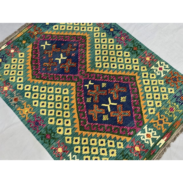 4'5" X 5'10" Green Afghan Chobi Kazak Geometric Wool Flatweave Kilim Rug For Sale - Image 6 of 16