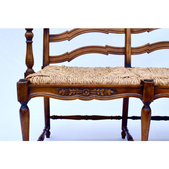 Wood Vintage French Provincial Style Ladder Back Bench Rush Seat For Sale - Image 7 of 16