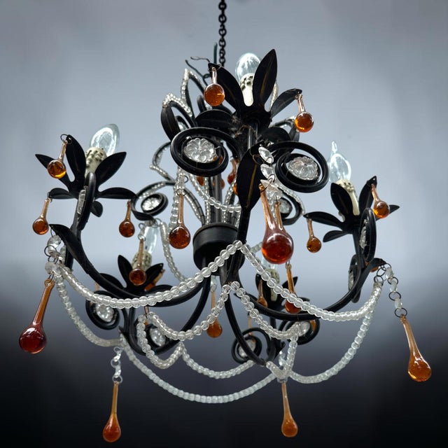 Rococo Vintage French Rococo Revival 6-Arm Wrought Iron Chandelier With Amber Glass Drops. For Sale - Image 3 of 12