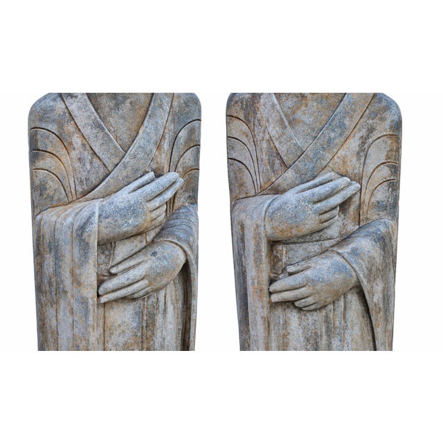 Pair Monumental Antique 48" Solid Stone Chinese Court Lady Figure Statues Tang Style For Sale - Image 11 of 18