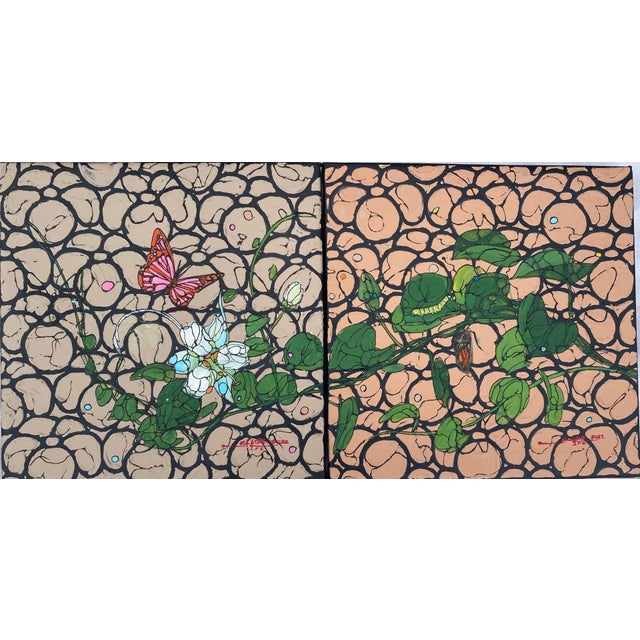 This diptych features two interconnected panels that explore themes of growth and transformation through vibrant imagery....