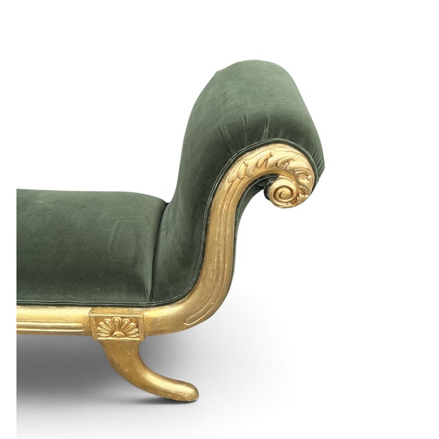 Vintage Hollywood Regency Neoclassical Giltwood Scroll-Arm Bench in Green Velvet For Sale - Image 4 of 12
