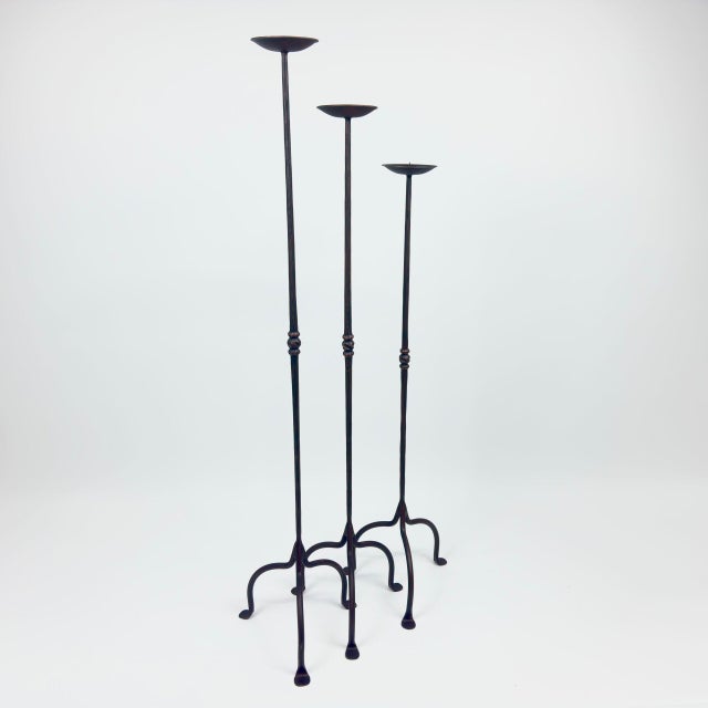 2020s Hand Forged Iron Candelabra Set of 3 (95-115cm) Antique Copper Finish Straight Stem with Compact Arched Base For Sale - Image 5 of 6