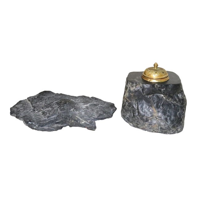 Antique Handmade Carved Black Stone Brass Ornate Inkwell Paperweight Writing Set For Sale