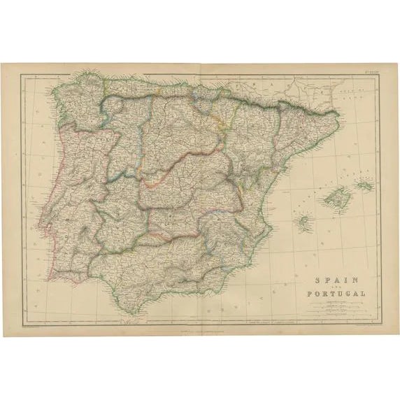 Vintage Geographic Map of Spain and Portugal, 1859 For Sale