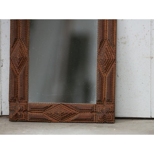 Early 20th Century French 1900s Hand Carved Tramp Art Mirror with Raised Diamond Motifs For Sale - Image 5 of 9