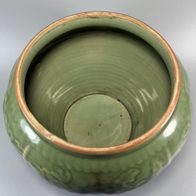 Chinese Chinese Celadon Lidded Jar, Carved Floral Collectible Decor Vessel For Sale - Image 3 of 6