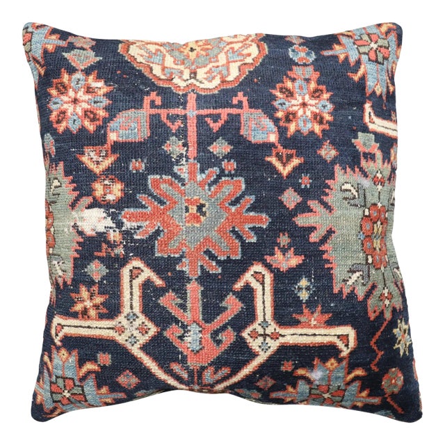 Antique Malayer Navy Large Square Rug Pillow For Sale