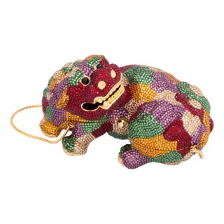 1980s 80s Judith Leiber Chinese FooDog Temple Dragon Patchwork Pattern Red Gold Minaudière Clutch Shoulder Evening Bag Vintage For Sale