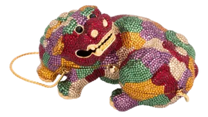 1980s 80s Judith Leiber Chinese FooDog Temple Dragon Patchwork Pattern Red Gold Minaudière Clutch Shoulder Evening Bag Vintage