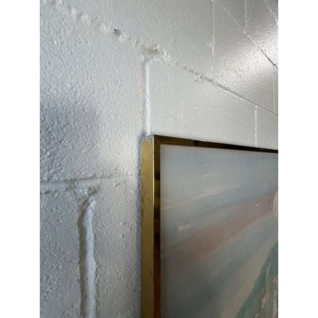 Late 20th Century Large Signed Lee Reynolds Coastal Harbor Painting Original Brass Gallery Frame For Sale - Image 5 of 8