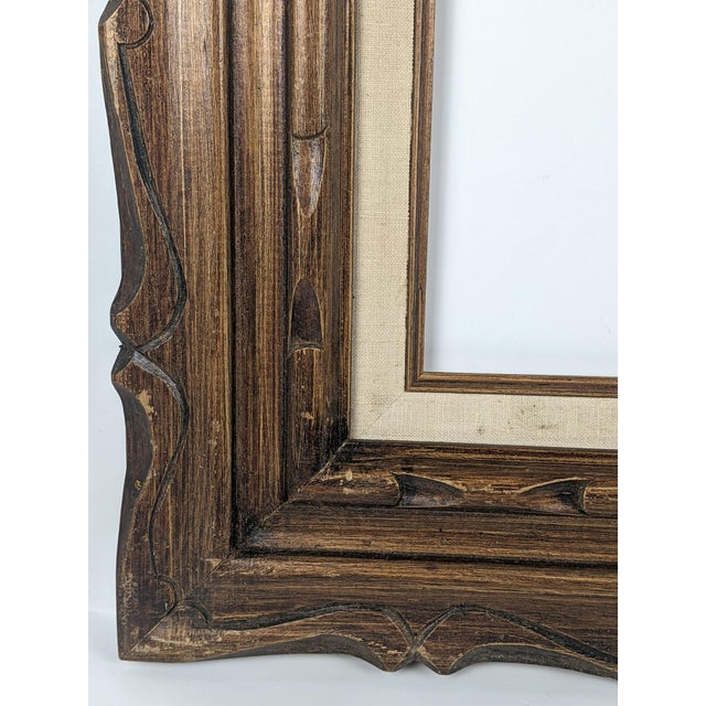 Brown Vintage Carved Dark Brown Wood Picture Frame With Cream Linen Liner For Sale - Image 8 of 13