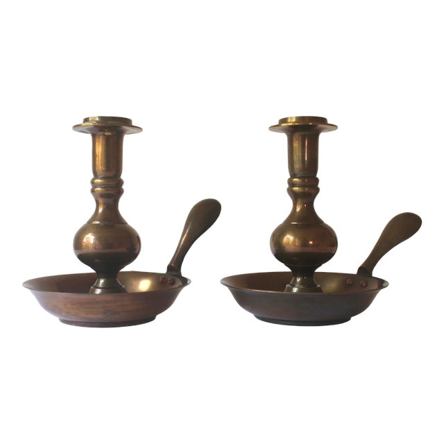 1970s Vintage Brass Candle Holders Pair of Chamber Sticks Solid Brass and Copper Rivets For Sale