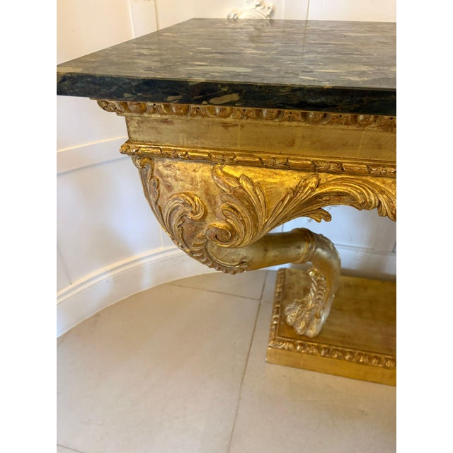 Antique Baroque Revival Italian Giltwood Console Tables with Breccia Marble Tops and Lion's Paw Supports, 1850s, Set of 2 For Sale - Image 12 of 15