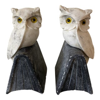 1940s Hand Carved Italian Marble Owl Bookend Statues - a Pair For Sale
