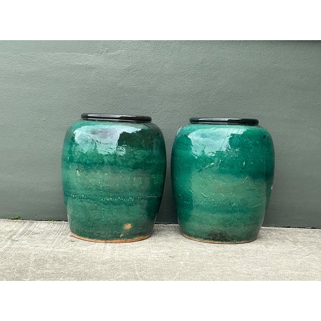 Ceramic Vintage Green Glazed Earthenware Vessels - A Pair For Sale - Image 7 of 18