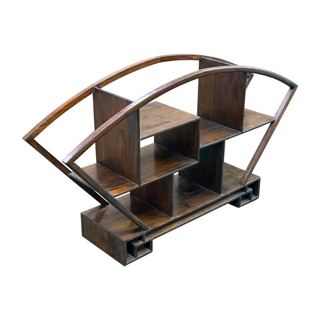 Coffee Large Size Chinese Dark Brown Fan Shape Display Curio Stand Easel For Sale - Image 8 of 12