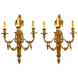 Pair of French Louis XVI Style Dore Bronze Sconces With Foundry Name For Sale