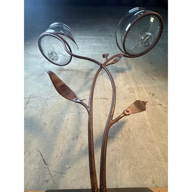 Late 20th Century Jan Barboglio Forged Iron Candelabra 2-Arm Vine Leaves Glass Votives Signed 19" For Sale In San Francisco - Image 6 of 11