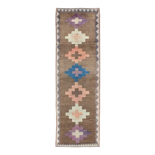 Vintage Turkish Tulu Runner With Tribal Design in Light Pink, Blue and Lavender For Sale