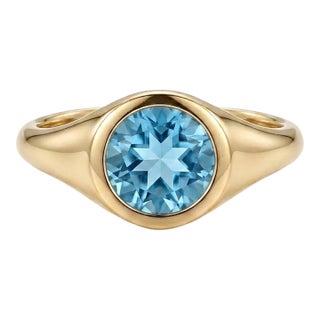 Natural Blue Topaz Bezel Set Ring | Unisex Solitaire Signet Ring | Dainty Stacking Ring Us 7 For Sale