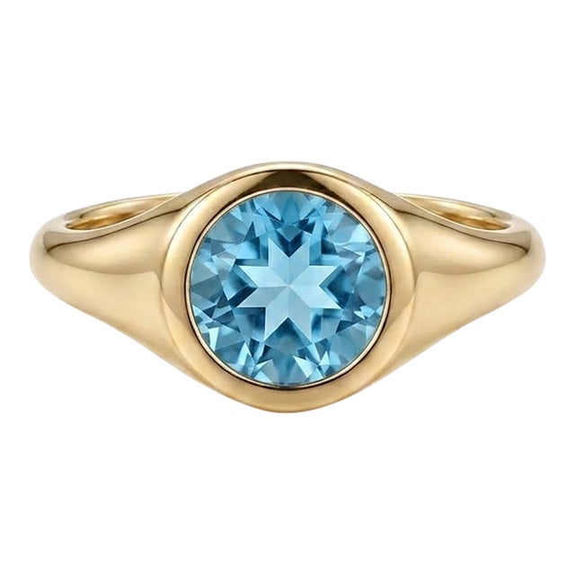 Natural Blue Topaz Bezel Set Ring | Unisex Solitaire Signet Ring | Dainty Stacking Ring Us 7 For Sale