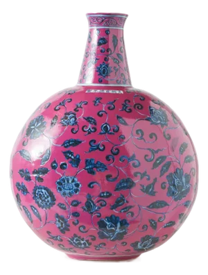 Pink Moon Flask Shaped Vase with Blue Floral Motifs
