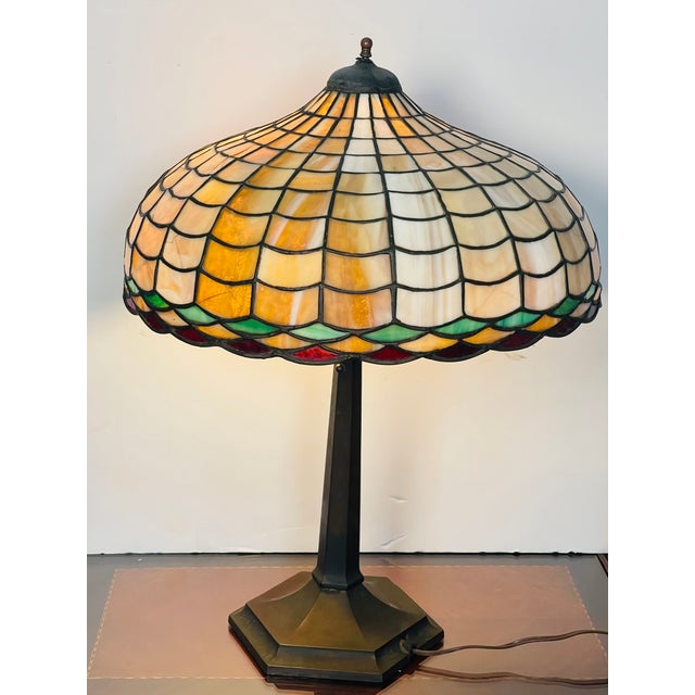 Art Deco Antique Tiffany Studios Style Bronze Glass Lamp Numbered For Sale - Image 3 of 11