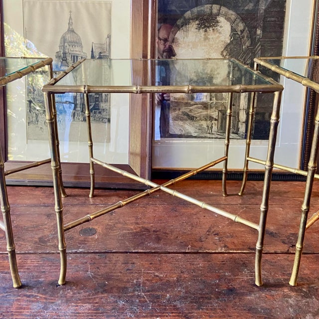 Hollywood Regency Pair of Maison Bagues Style Faux Bamboo Solid Brass Side Tables For Sale - Image 3 of 8