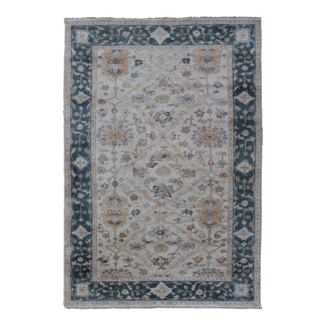 Hand-Knotted Oushak Rug by Keivan Woven Arts, Navy Floral Design 5'7 X 8'8 For Sale