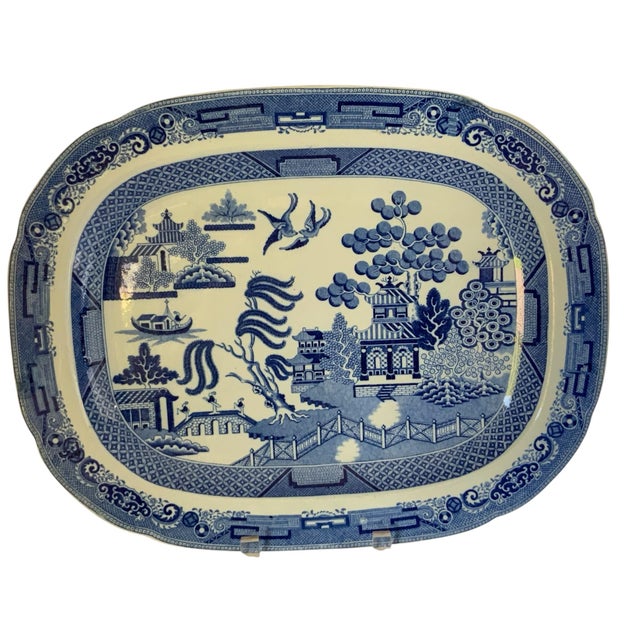 Antique 19th Century 15" Oval Blue Willow Porcelain Ironstone Meat Platter, Unmarked Made in England c. 1885-1890. Approx....