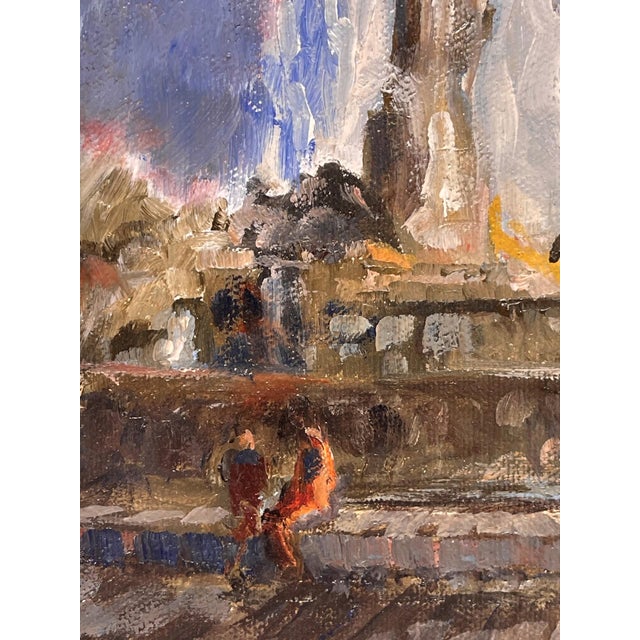 City Park by Norman Cable | Oil on canvas panel Fountain in a park with trees and people nearby. For Sale - Image 4 of 4