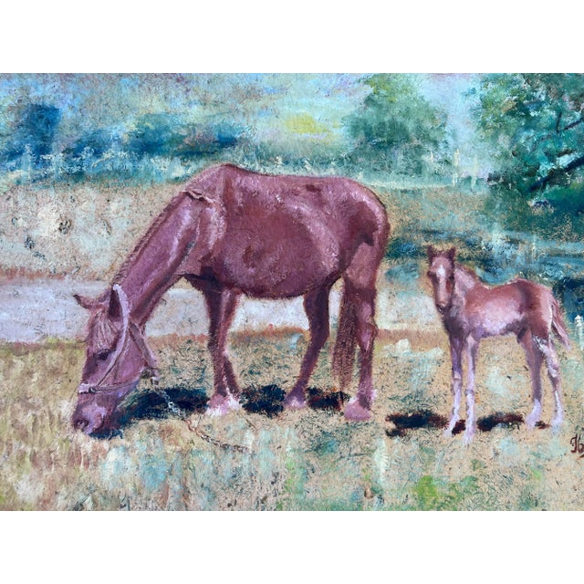 1980s F. Burtodo Mixed Media Mare & Foal Horses in Landscape Painting For Sale - Image 5 of 9