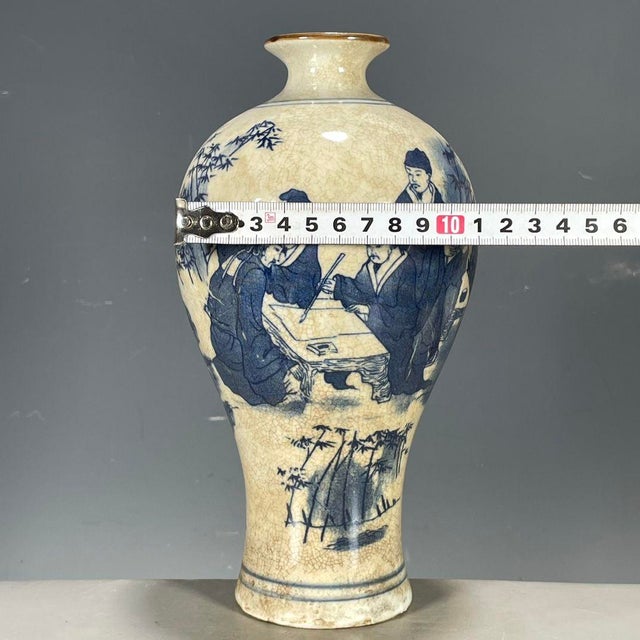 Late 20th Century Chinese Blue & White Crackle Glaze Porcelain Vase With Figural Scene For Sale - Image 5 of 9