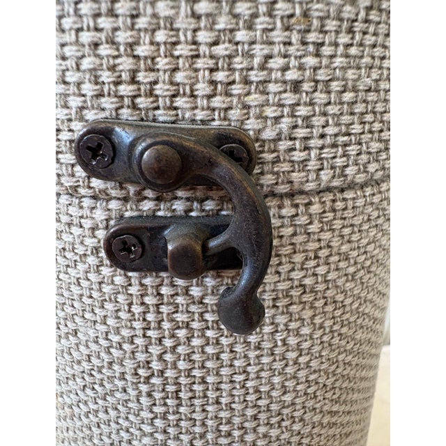 Late 20th Century Rustic Wine Bottle Case With Woven Fabric & Brown Stitched Trim, Cylindrical Wine Gift Box, Metal Ring Handle For Sale - Image 10 of 11