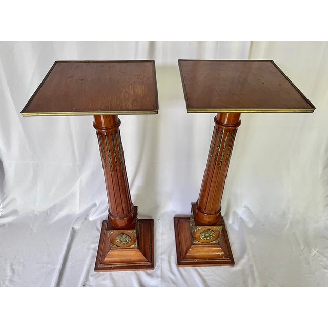 Mid 20th Century Antique Mahogany Neoclassical Pedestals on Plinth Bases - A Pair For Sale - Image 5 of 16