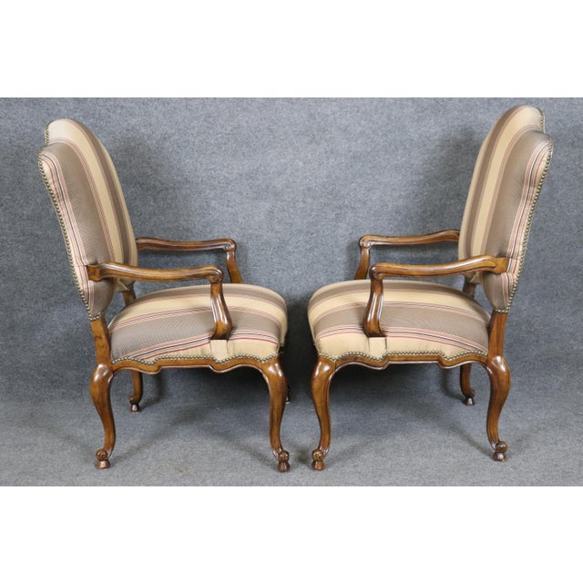 Brown Pair of Gorgeous Century French Louis XV Walnut Armchairs Striped Upholstery For Sale - Image 8 of 12