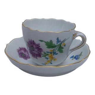 Porcelain Espresso Cup and Saucer with Hand-Painted Aster German Flowers from Meissen, 1950s, Set of 2 For Sale