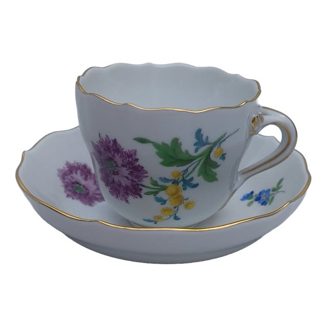 Porcelain Espresso Cup and Saucer with Hand-Painted Aster German Flowers from Meissen, 1950s, Set of 2 For Sale