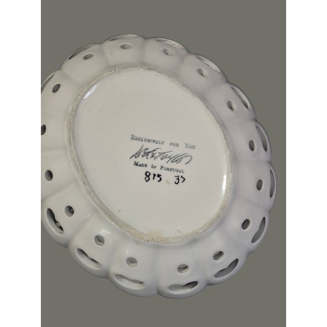 Ceramic Vintage Portugal Hand-Painted Floral Basket Heart Open Work Braided Handle Made for Lord & Taylor For Sale - Image 7 of 8