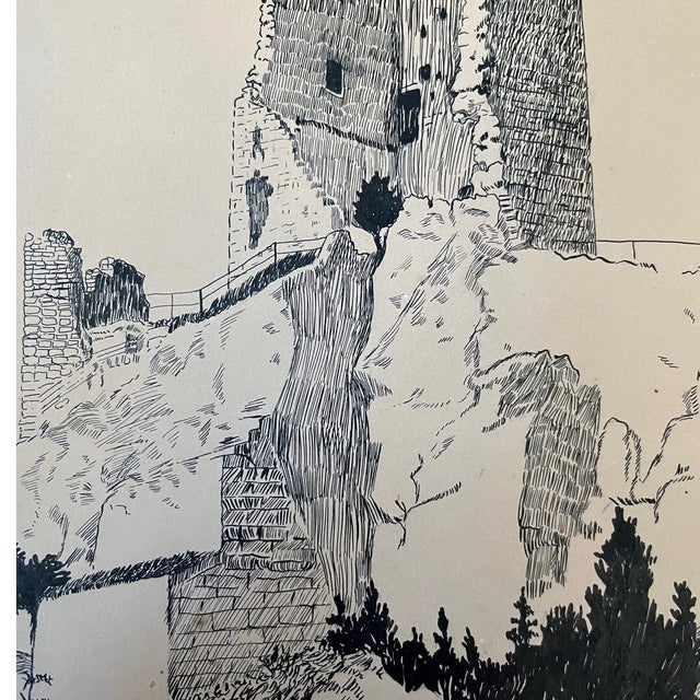 Early 20th Century Original 1921 Pen & Ink Illustration Milly Possoz Lord Byron Drachenfels Castle For Sale - Image 5 of 8