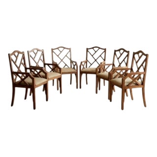 Rare Vintage Solid Stained Wood Chinese Chippendale Regency Dining Room Lanai Arm Chairs- Set 6 For Sale