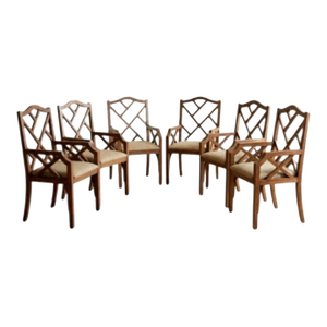 Rare Vintage Solid Stained Wood Chinese Chippendale Regency Dining Room Lanai Arm Chairs- Set 6