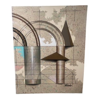 Vintage Postmodern 1980s Abstract Geometric Memphis Oil Painting Wall Art Mid Century For Sale