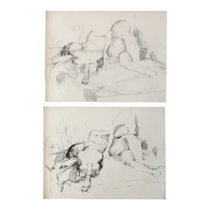1970’s Pair Ink & Charcoal Female Nude With Guitar Study Drawings-A Pair