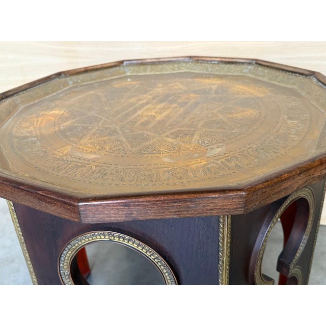 Mid 20th Century Mid 20th Century Hand Carved Wood Moroccan Side Table with Embossed Metal Top For Sale - Image 5 of 18